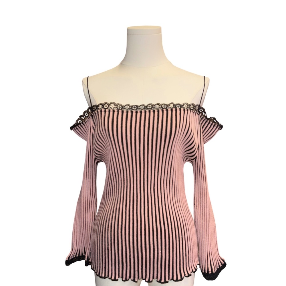 Vtg Y2K Italian Wool Pink Black Striped Off Shoulder Knit Top Lace Bell Sleeve L